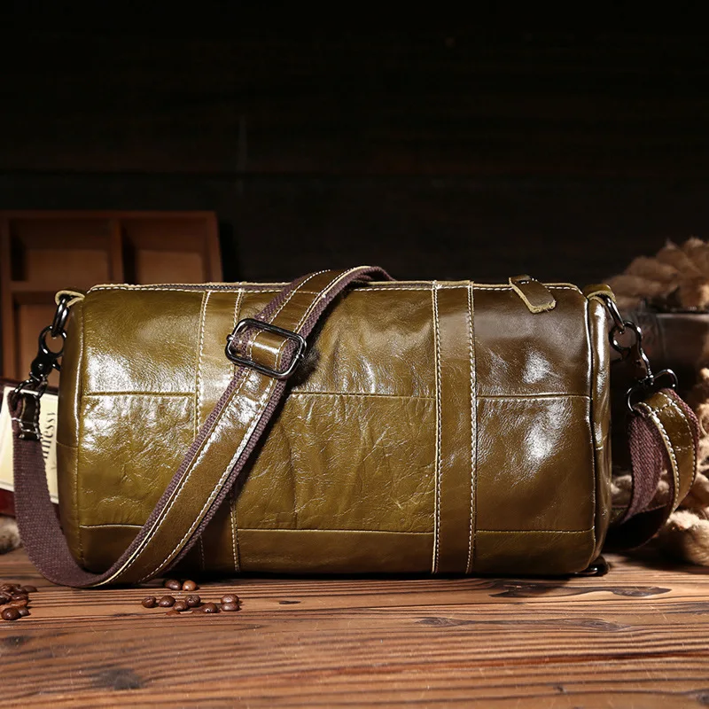 

Mens Oil wax skin Leather Shoulder Diagonal Crossbody Men Handbag Leisure Retro Barrel-Shaped Style Large Capacity Super 1 Mall