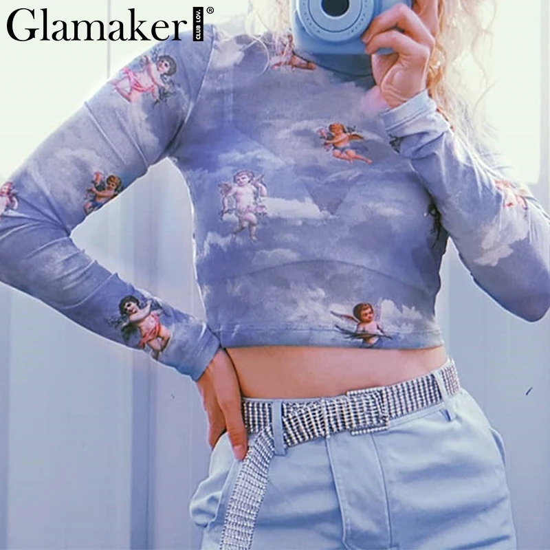 Glamaker الملاك طباعة مثير شبكة قصيرة النساء تي شيرت الكورية bodycon عارضة الصيف t قميص طويل الأكمام أعلى بلوزات على الموضة و تيز 2019 Glamaker الملاك طباعة مثير شبكة قصيرة النساء تي شيرت الكورية bodycon عارضة الصيف t قميص طويل الأكمام أعلى بلوزات على الموضة و تيز 2019