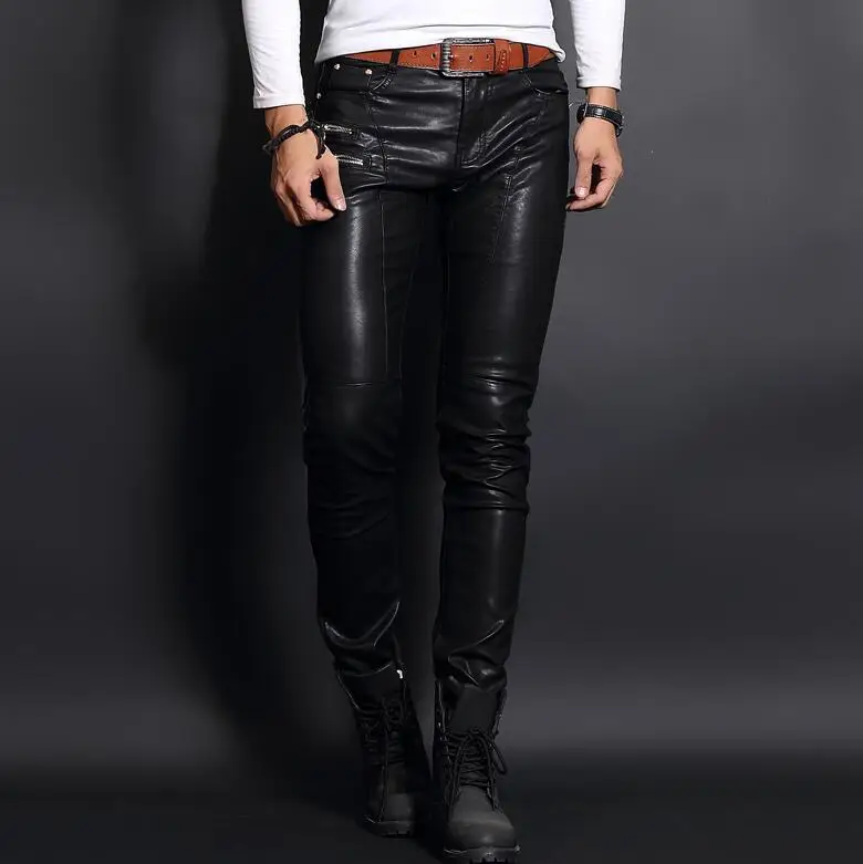 Лидирующий бренд, корейский стиль, облегающие мужские брюки из искусственной овечьей кожи, обтягивающие мужские брюки в стиле панк, модные длинные брюки на молнии - Цвет: black