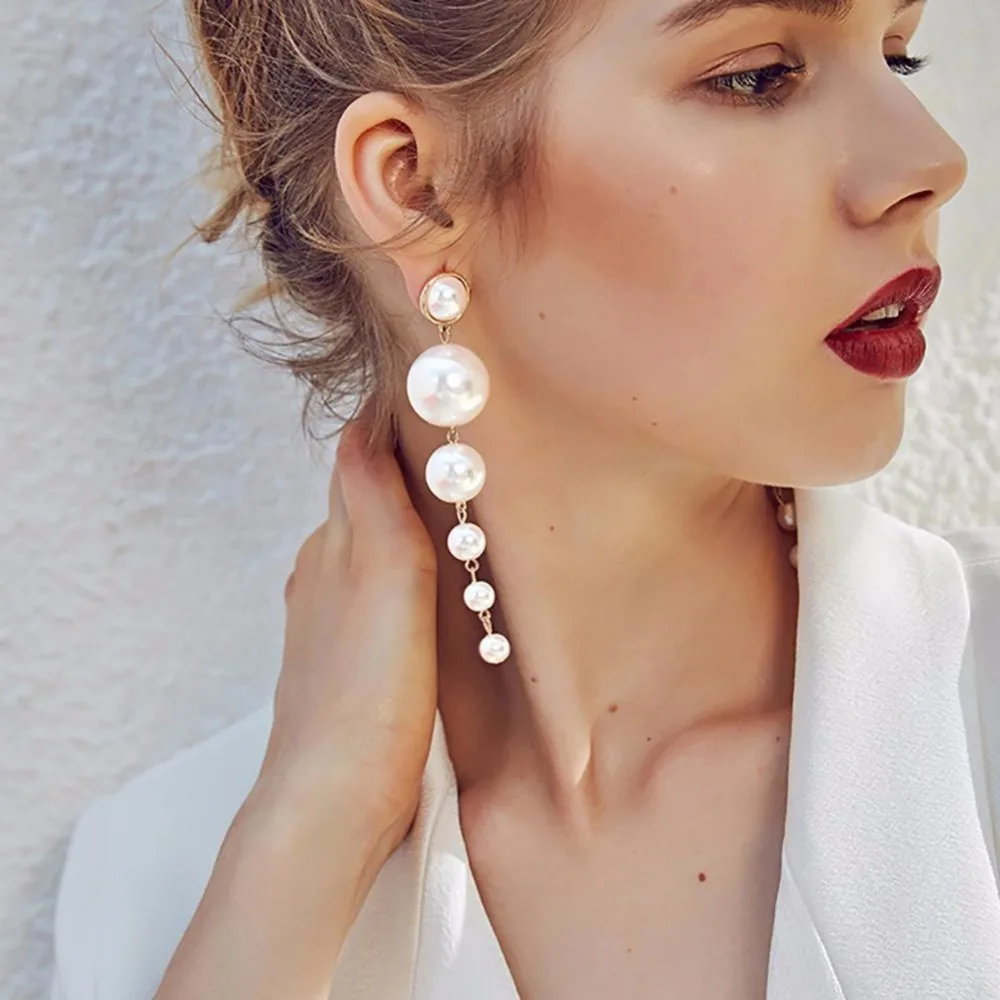 

Fashion Women Lady Elegant Pearl Pendant Long Tassel Statement Dangle Earring Party Jewelry