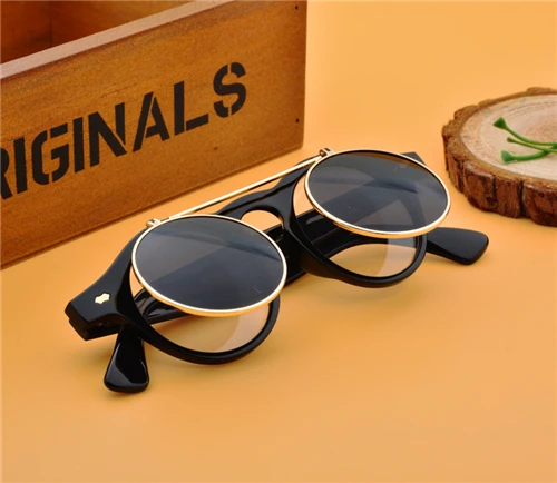 Круглые брендовые Дизайнерские мужские и женские солнцезащитные очки с плоским верхом, Ретро стиль, готический стиль, стимпанк - Цвет линз: Gloss Black