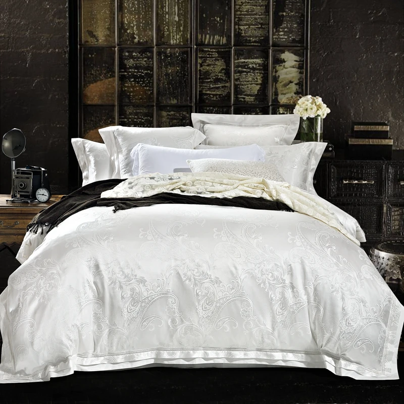  4/6 Pcs Luxury White Golden Red King Queen size Wedding Bedding Sets Satin Cotton Jacquard Bed shee