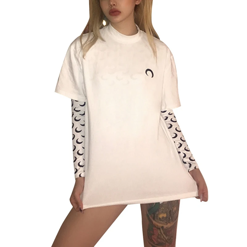 

Japanese Moon Embroidered Long T-Shirt Women O-neck Short Sleeve Loose T Shirt Summer Solid White Tops 2019 camiseta mujer