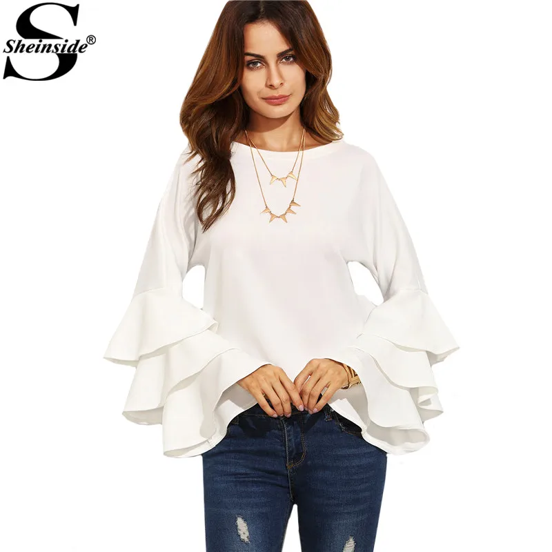 Prix Sheinside Blanc Col Rond Manches Longues À Volants Shirt Dames Vêtements de Travail Mode Tops Femmes Vogue Blouse