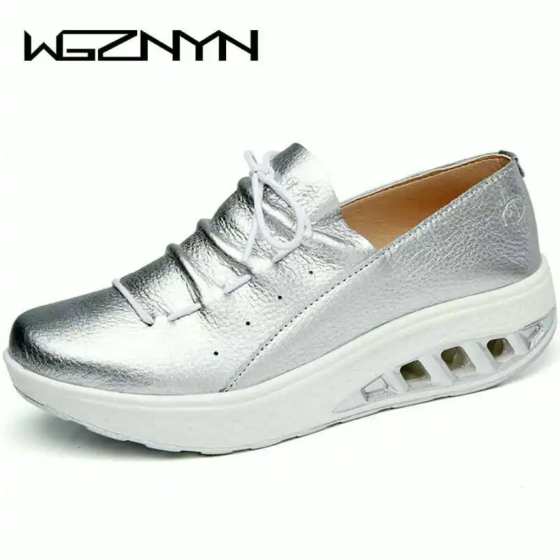 

WGZNYN NEW Leather Women Shoes Sneakers Nurse Swing Work Single Shoes Wedges Shoes woman Blue White Platform Shoes Slimming W07