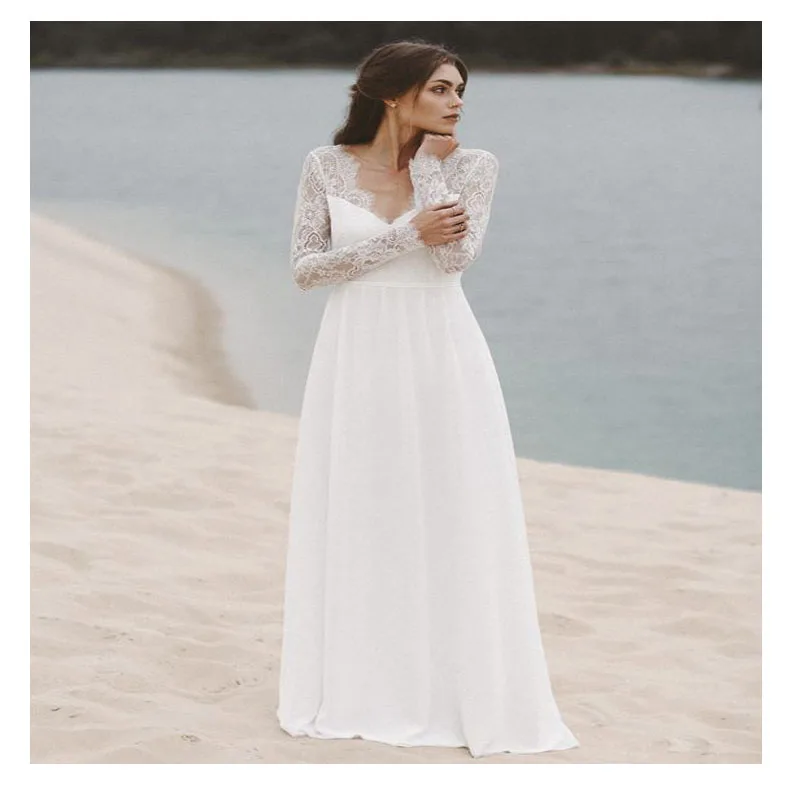 

LORIE Boho White Wedding Dress Deep V Neck Lace Top Chiffon Bride Dress Elegant Floor Length Wedding Gown Free Shipping 2019