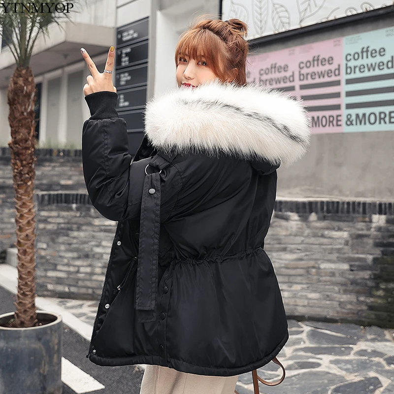 YTNMYOP Large Fur Collar Winter Coat Women Hooded Parkas Short Cotton Padded Jacket Coat Thickening Warm Wadded Jacket Female