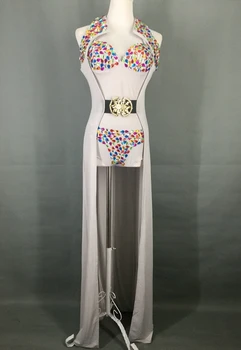 

Fashion Women's Costume Stage Show Diamond Bodysuit Long Coat Sexy Cloak DJ DS Female Singer Dance Wear Gray White Leotard