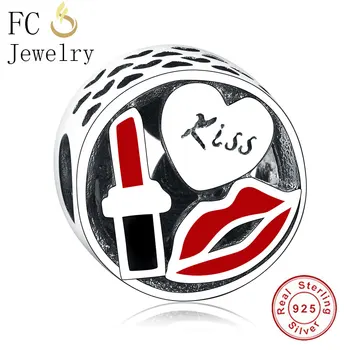

Fit Pandora Charms Bracelet Silver 925 Original Lip Lipstick Heart Kiss Beads plata De Ley 925 Bijoux Jewelry Making For Women