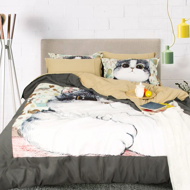 عالية الجودة 3d الكرتون حاف الغطاء مجموعة للأطفال القط طباعة مجموعات الفراش المخدة الملكة حجم 100% ٪ سرير نوم