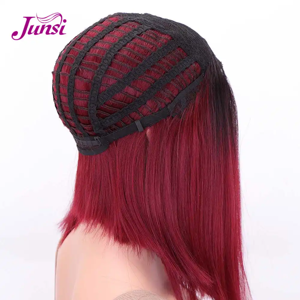 Junsi Short Red Bob Synthetic Wigs Black Straight Hair Middle Part