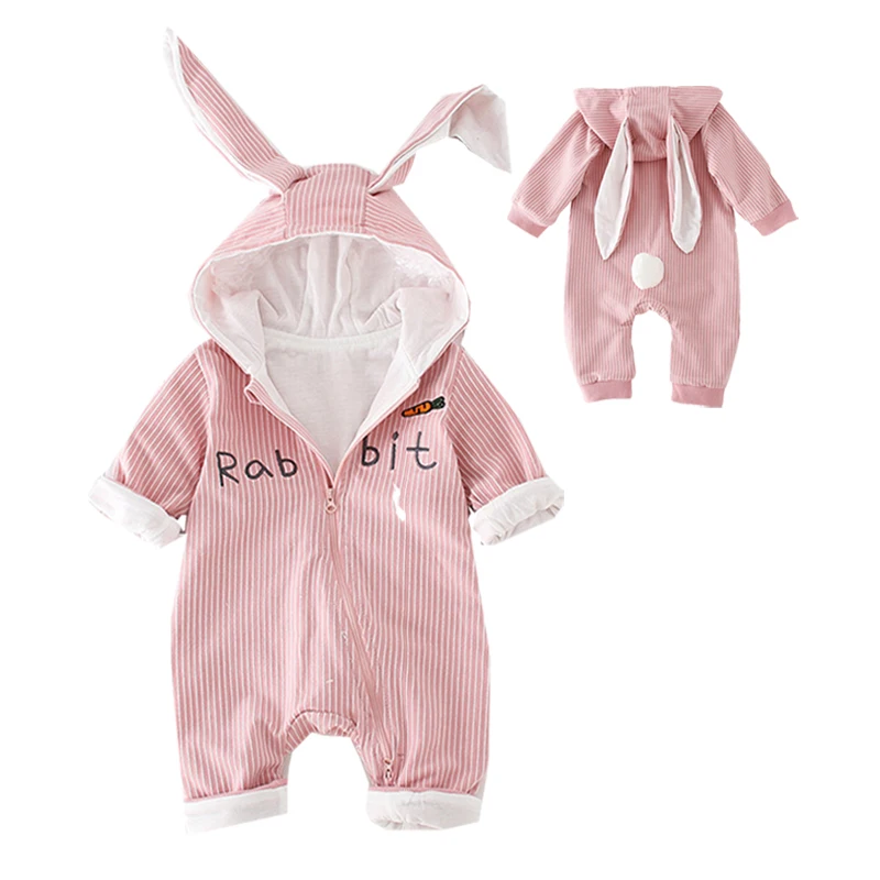 

Autumn Baby Hooded Newborn Clothes Rompers Pure Cotton Korean Style Kids Cute Rabbit Pink Long Sleeve Clothing Unisex Jumpsuit