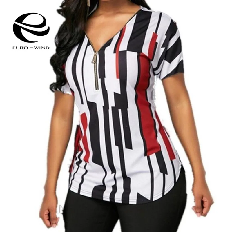 

Plus Size 5XL Women Tops and Blouses Sexy V-neck Zipper Short Sleeve Summer Patchwork Casual Tee Shirts Tops Female Shirts Blusa