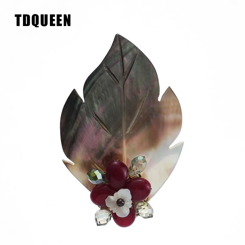 

TDQUEEN Shell Feather Brooch Pin Vintage Burgundy Natural Stone Crystal Beads Big Shell Flower Brooches Women Safety Pin Jewelry