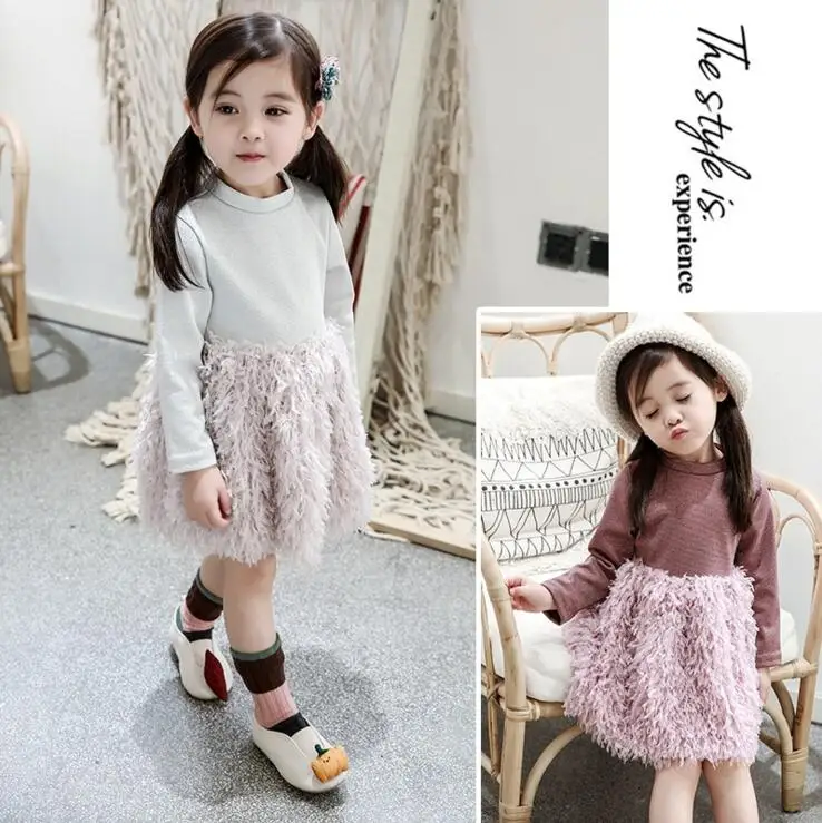 

Fairy tale baby girls feather dress cute Halloween children kids fall faux fur dress luxry toddler patchwork party dress