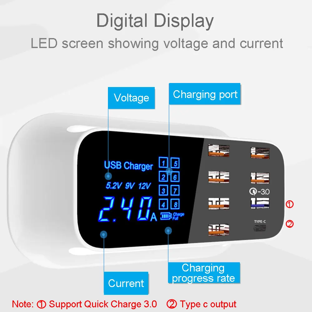 Быстрая зарядка 3,0 Смарт USB зарядное устройство для iphone samsung Тип C Выходная станция светодиодный дисплей адаптер питания для быстрой зарядки рабочего стола