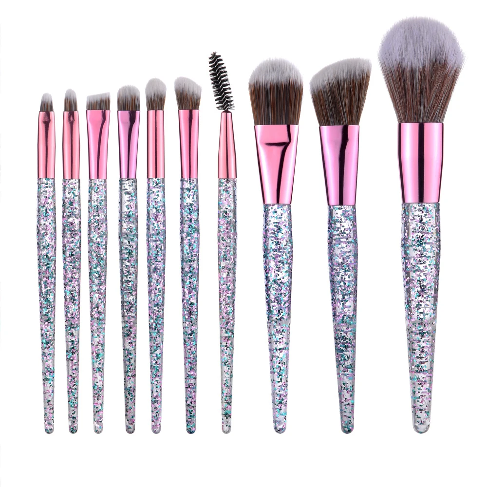 FLD 10 Pieces Glitter Makeup Brushes Set Crystal Handle Powder Brush Foundation Eyebrow Face Mascara Blush Eyeliner Tools Kits