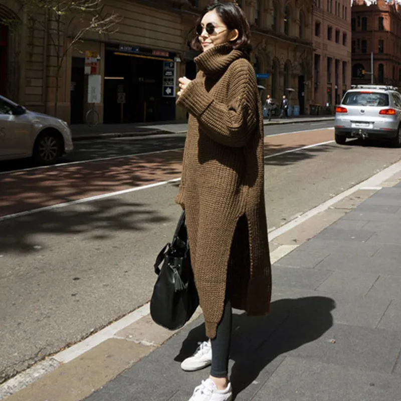 Thick knitted sweater dress women 2018 winter tops vintage Korean turtleneck pullovers high slit oversized long pull femme hiver