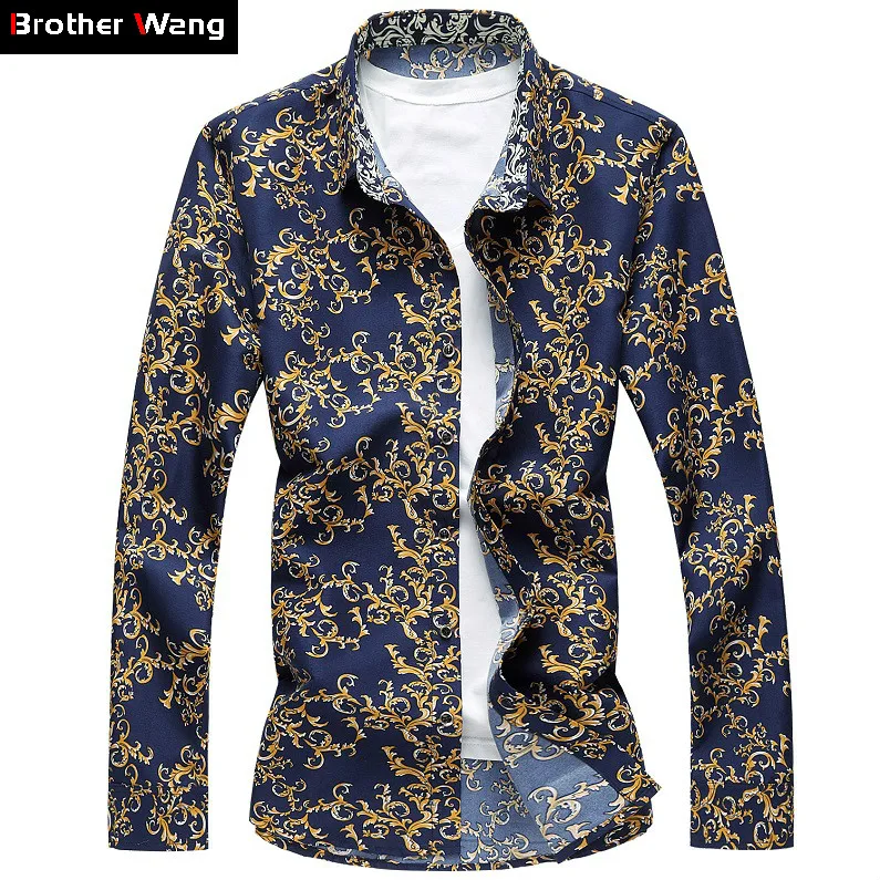 

Brother Wang 2019 New Men's Flower Shirt Fashion Slim Male Casual Long-sleeved Hawaiian Shirt Large Size Clothes 6XL 7XL
