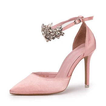 

Women Sandals Pink Satin Pointed Toe Evening Date Party Shoes Crystal Flowers Metal Decoration Buckle Strap Summer High Heels