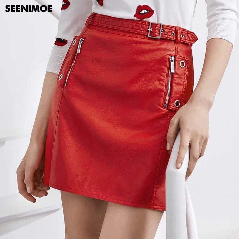 

2018 Fall winter Sexy Red PU Leather Skirts Women High Waist Sashes Pencil Skirts Vintage Bodycon Zipper Pockets Mini Skirt
