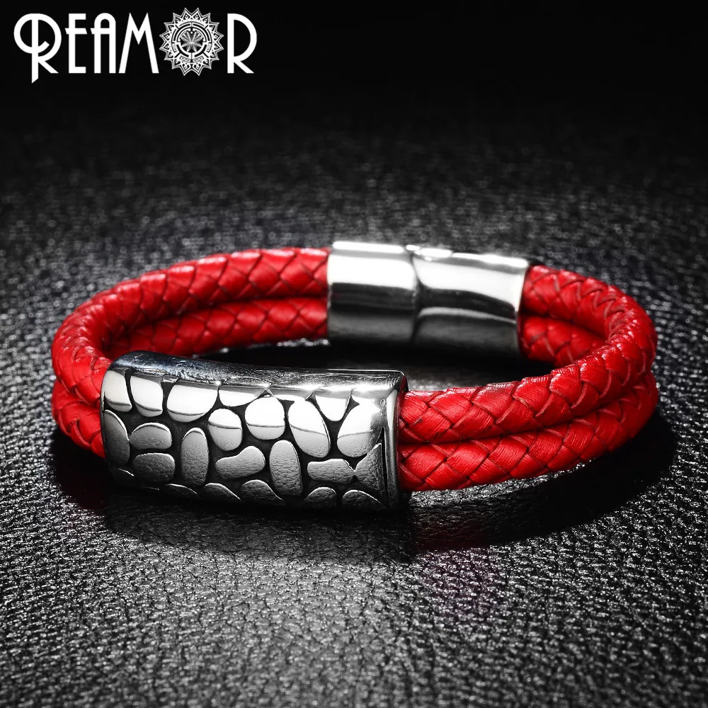 

REAMOR 316L Stainless Steel Bead Male Bracelets Red Double Braided Leather Charms Bracelet & Bangles Trendy Men Women Jewelry