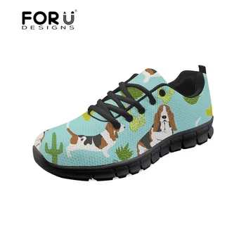 

FORUDESIGNS Autumn Ladies Shoes Basset Hound Mint Cactus Sweet Pet Dog Printing Women's Flats Shoes Mesh Platform Sneakers Girls