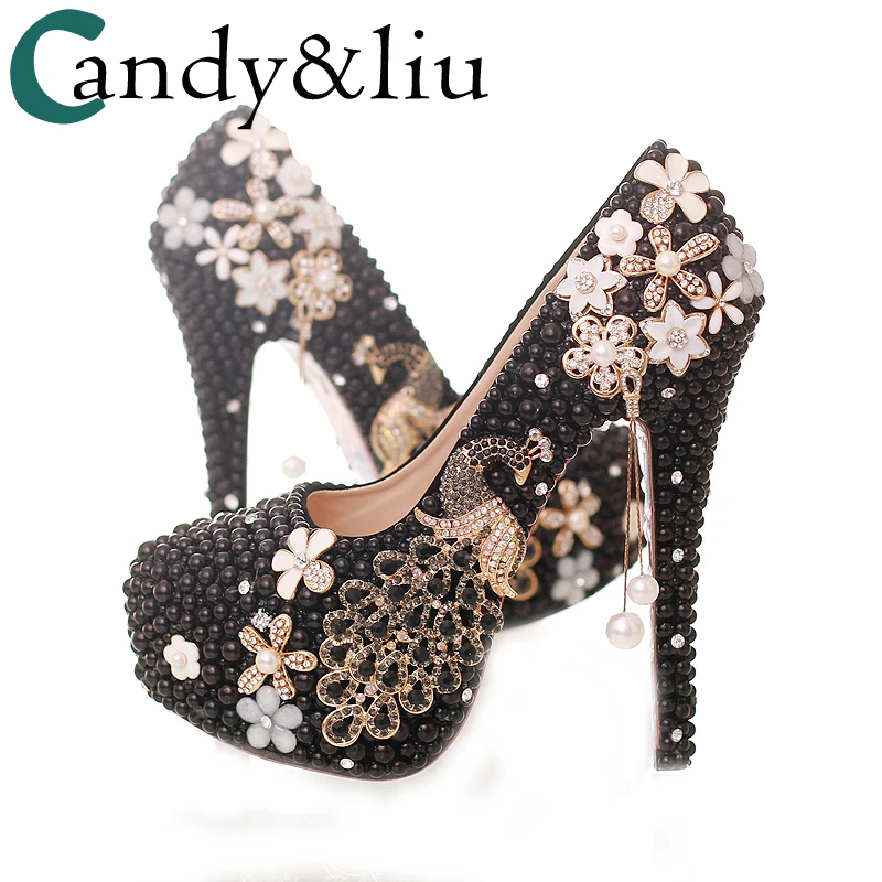 black high heels with pearls