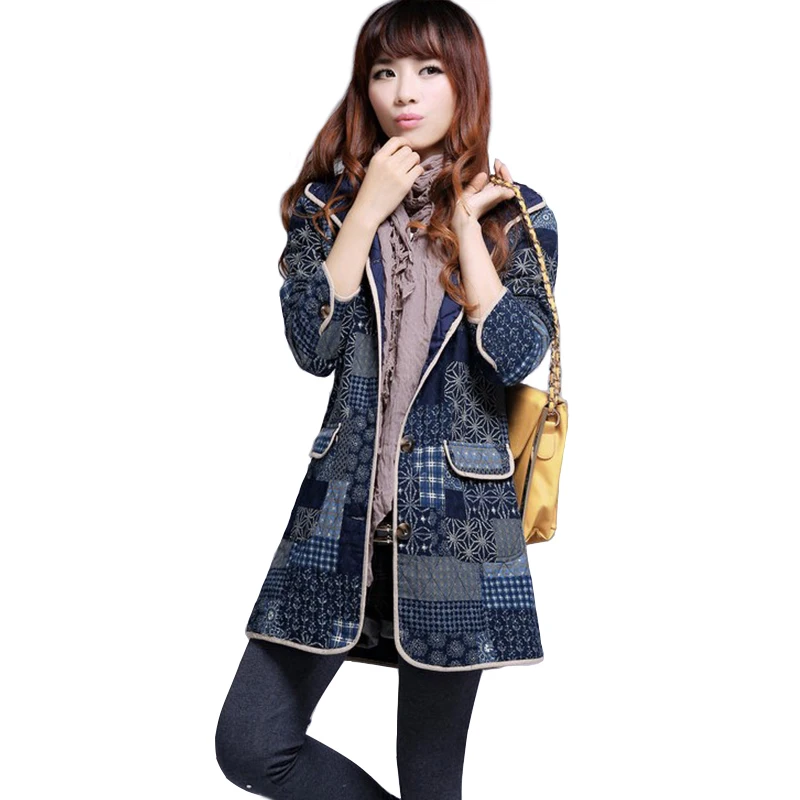 2017 Spring Autumn Ethnic Floral Print Quilted Hooded