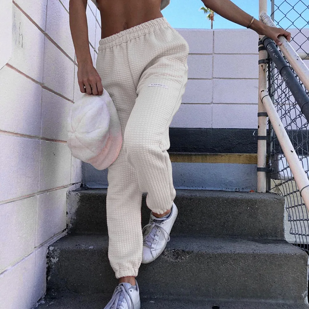 nstaHot повседневные клетчатые штаны Женские брюки-карго свободные эластичные брюки с высокой талией белые осенние брюки обычные уличные брюки-каррот - Цвет: White