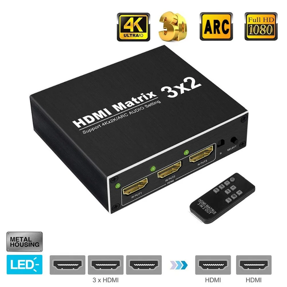 

PUZHIJIE 4K 60Hz HDMI Matrix Switch 3x2 Audio SPDIF R/L ARC 2160P 60Hz IR remote HDMI Splitter Switcher