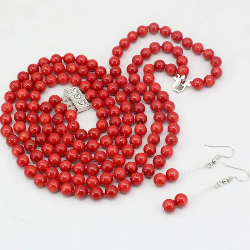 

Fashion natural red coral round beads earrings 3 row necklace dangle jewelry set 7mm for women weddings party gift 17-19" B3455