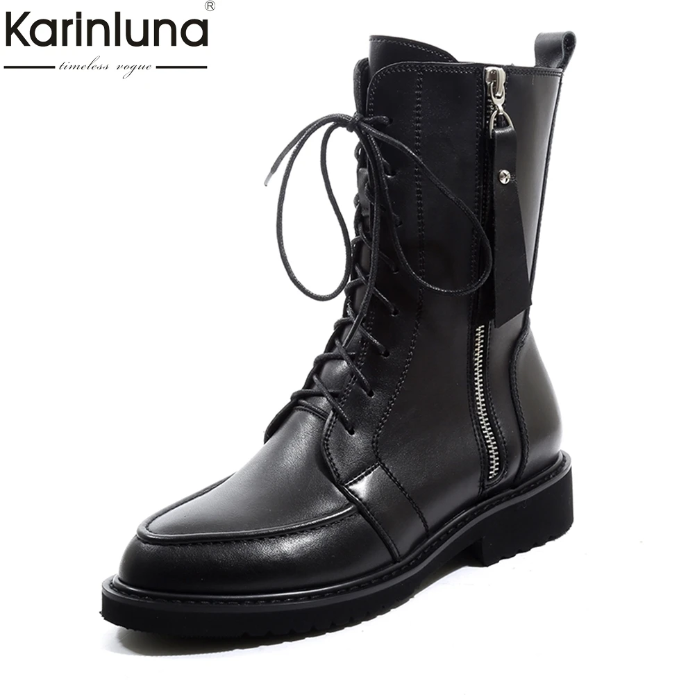 

Karinluna 2018 Genuine Leather Large Size 34-42 Cow Leather boots women Shoes Woman Mid Calf Boots Woman Shoes