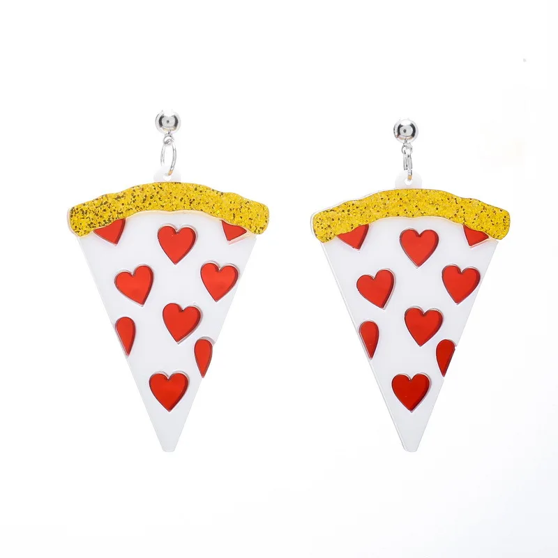 

New Arrival Red Peach Heart Triangle Pizza Funny Food Acrylic Drop Earrings Glitter Powder Geometric Creative Dangle Earrings