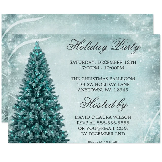 personalized teal blue christmas tree holiday party invitation in christmas tree invitation