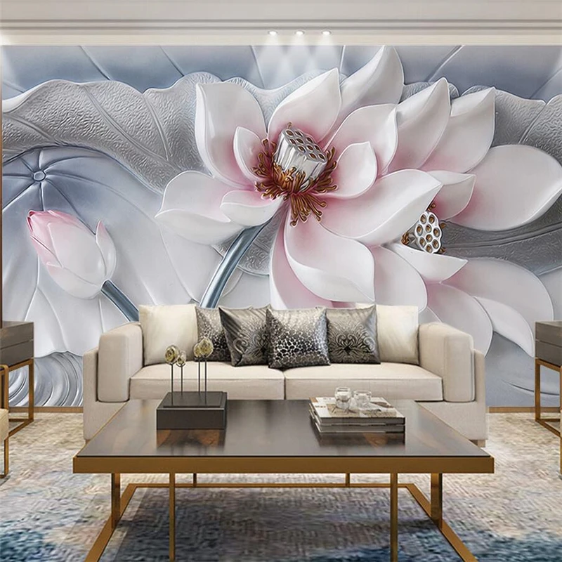 wellyu Custom large-scale mural 3d wallpaper lotus relief background wall living room bedroom background decorative painting