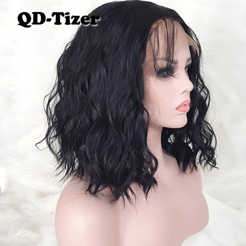 QD-Tizer боб парики короткие волосы волнистые парики синтетические кружева передние парики Черный цвет синтетические кружевные парики с детскими волосами для женщин