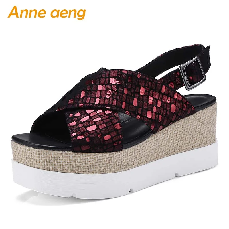 

2019 New Summer Genuine Leather Women Sandals High Wedge Heel Buckle Bling Fashion Sexy Ladies Women Platform Shoes Red Sandals