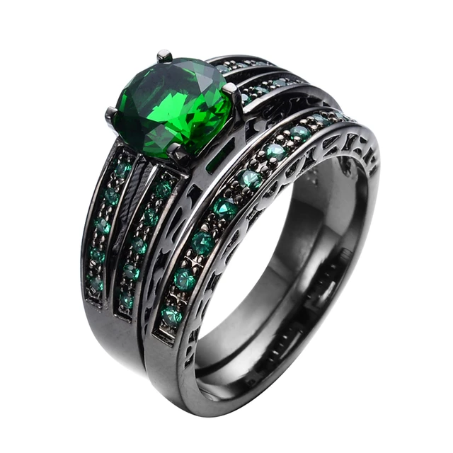 Gorgeous Green Stone Jewelry Women Men Ring Set Wedding Band Black Gorgeous Green Stone Jewelry Women Men Ring Set Wedding Band Black Gold Filled Vintage Engagement