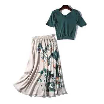 

2019 Summer Vintage Two Piece Sets New Women Basic Green Knitted Top + A-line Floral Printed Skirt Suits Ladies Elegant Outfit