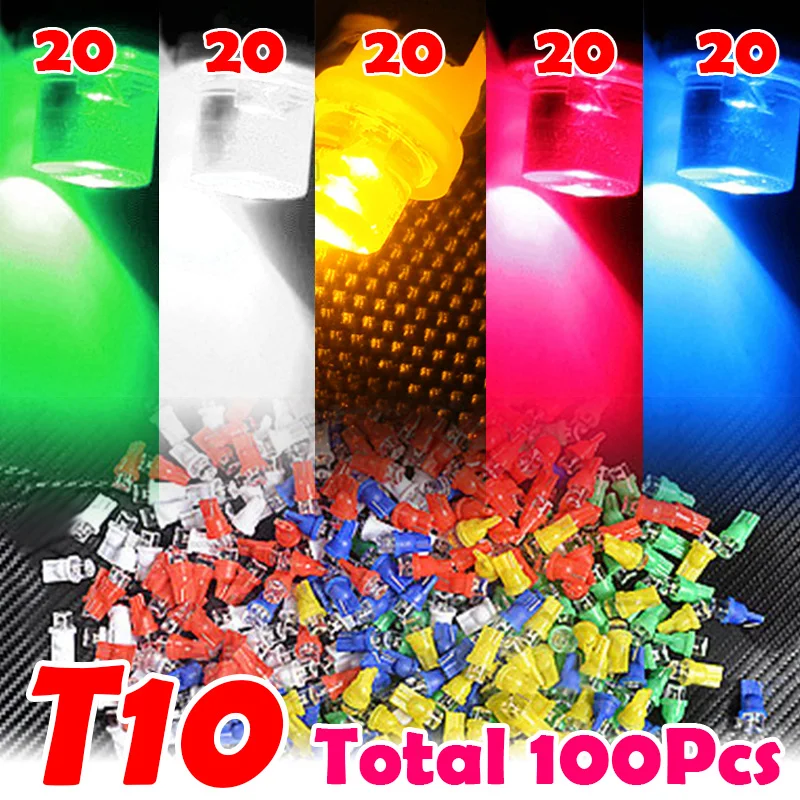 

12V 100Pcs Colorful T10 LED Light 194 168 W5W Car Lamp Bulb White Blue Red Yellow Green Lights Wholesale