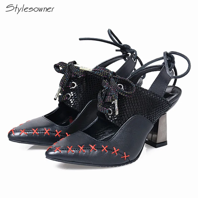 

Stylesowner Elegant Pointed Toe Mixed Color Snakeskin Leather Sexy Cross-tied Wedding Genuine Leather High Heel Shoes For Women