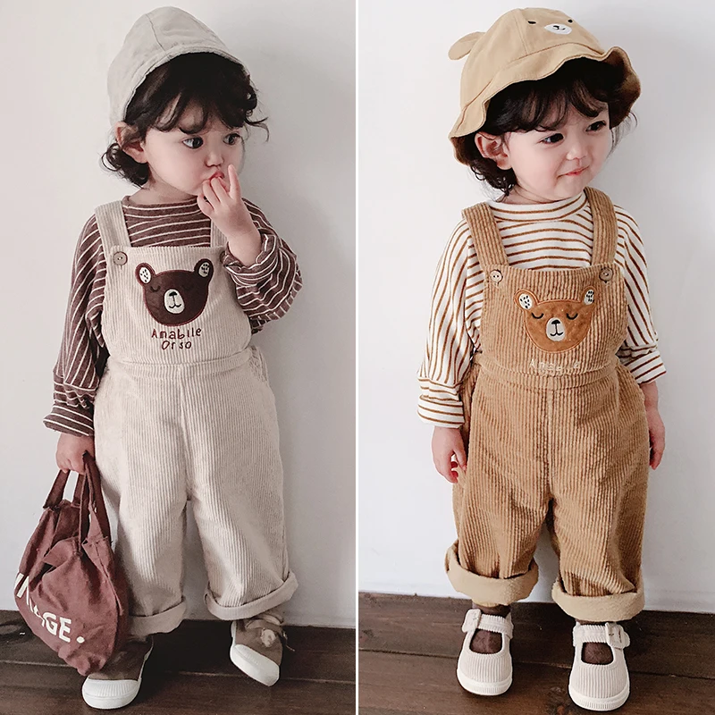 

Girls Spring 2019 New Corduroy Cartoon Bear Pants Children Loose Leisure Straight Trousers Kids Pants