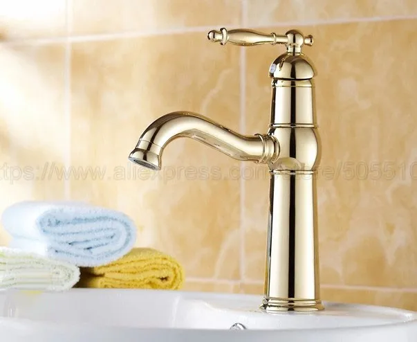 Bathroom Faucet Gold Color Brass Basin Faucet Deck Mounted Single Handle Single Hole Hot And Cold Water Tap znf296