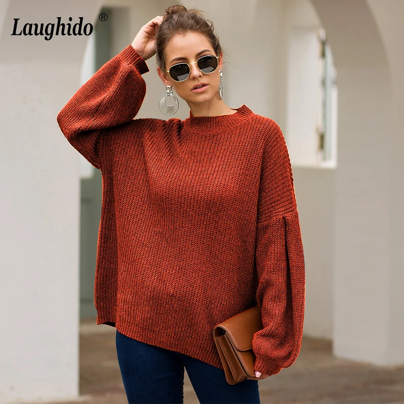 

Laughido Autumn Winter Solid Turtleneck Sweaters Women Loose Pullovers Latern Sleeve Jumpers 2019 Casual Warm Knitted Sweaters