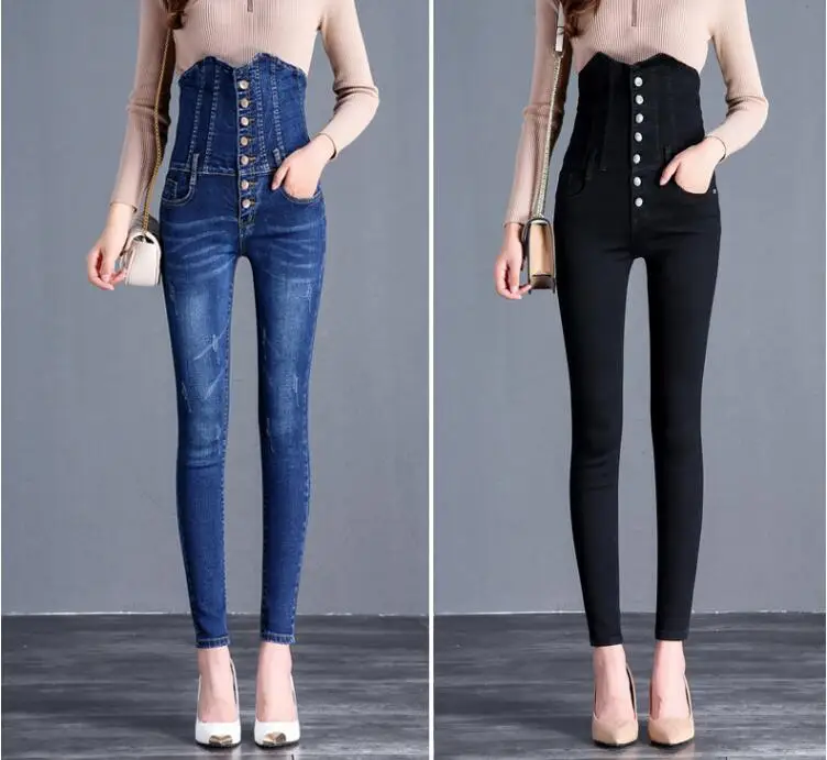 Джинсы с высокой талией женские в европейском и американском стиле весенние джинсовые узкие брюки тонкие джинсы с высокой талией Женская одежда брюки