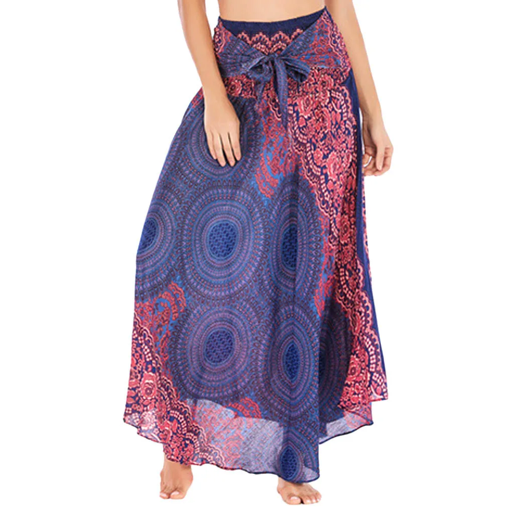 Женская юбка в стиле хиппи бохо с эластичной талией, цыганские Длинные юбки бохо, цветочный принт, бант, талия, повседневный летний пляжный с бретелью-петлей, юбка# YJG
