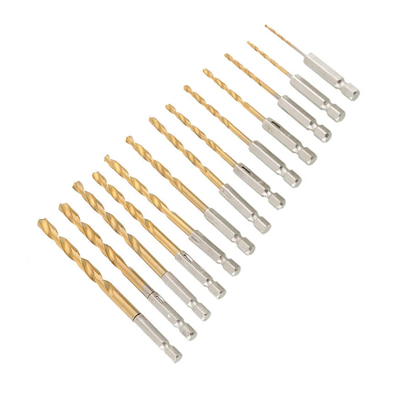 DWZ 13pcs HSS High Speed Steel Titanium Coated Twist Drill Bits Shank Set 1.5-6.5mm