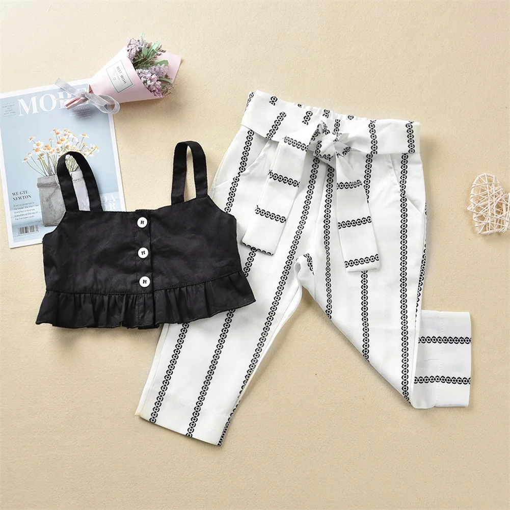 

Pudcoco Summer Toddler Baby Girl Clothes Ruffle Crop Sling Tops Striped Long Pants 2Pcs Outfits Casual Summer Clothes