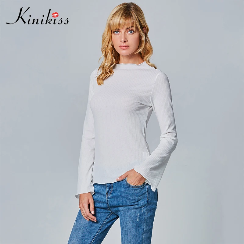 Kinikiss White Simple Knit Tops Women Fashion Spring Bottoming Shirt